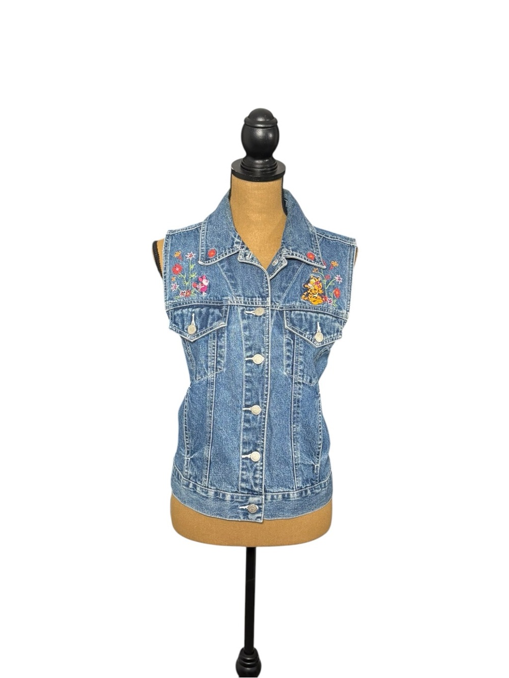 Vintage Disney Winnie The Pooh Denim Vest Embroidered Floral Blue Women’s M 90s